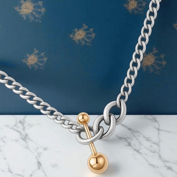 🆕️Two Tone 18K Gold Plated Stainless Steel Chain Necklace with Gold Ball Bar ✨ - Picture 14 of 14